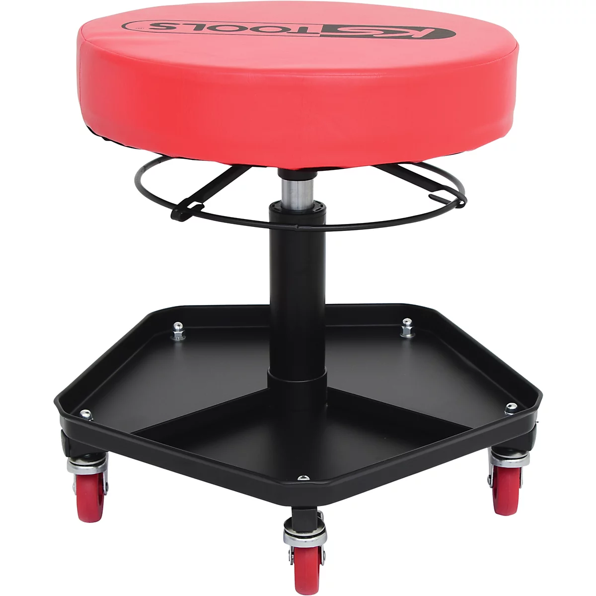 Tabouret d'atelier rond rouge avec cadre noir, roulant et avec rangement.